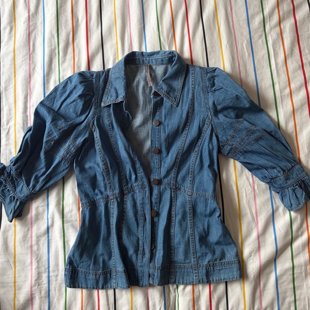 Anthropologie Blue Denim Top with Puff Sleeves - Picture 2 of 5